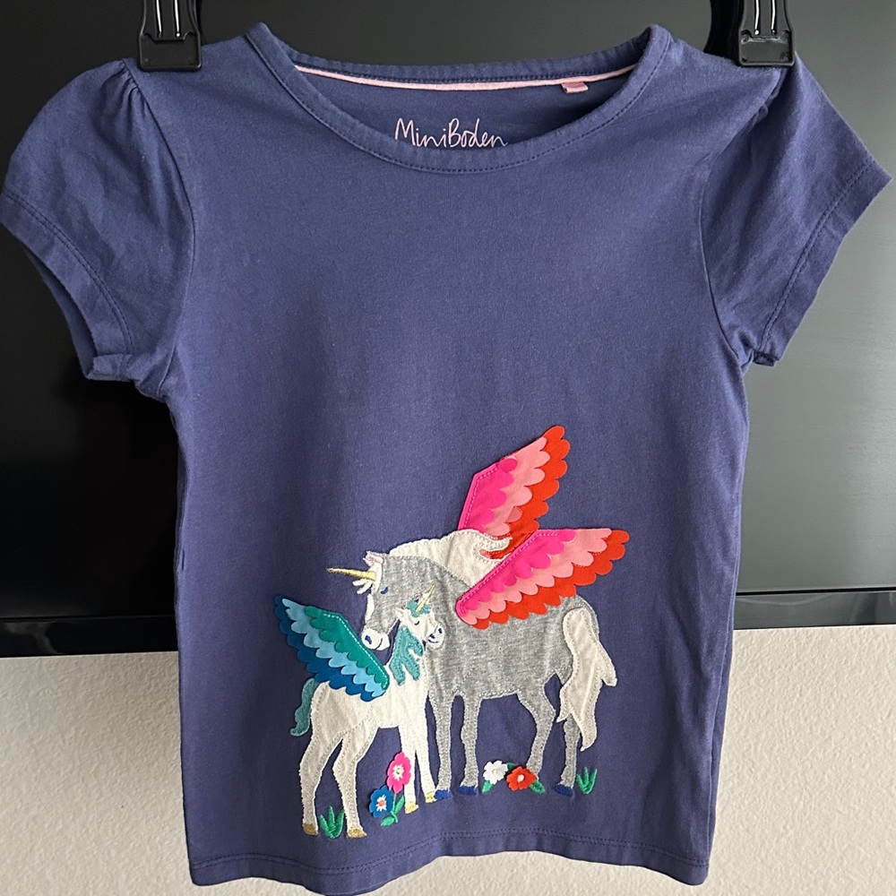 Mini Boden Navy Tee with Colorful Unicorn Wings